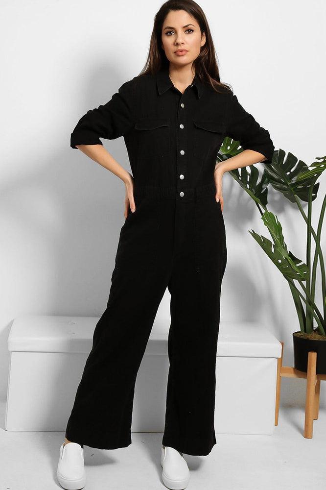 Black Denim Wide Leg Jumpsuit-SinglePrice