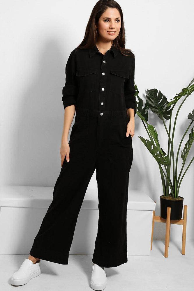 Black Denim Wide Leg Jumpsuit-SinglePrice