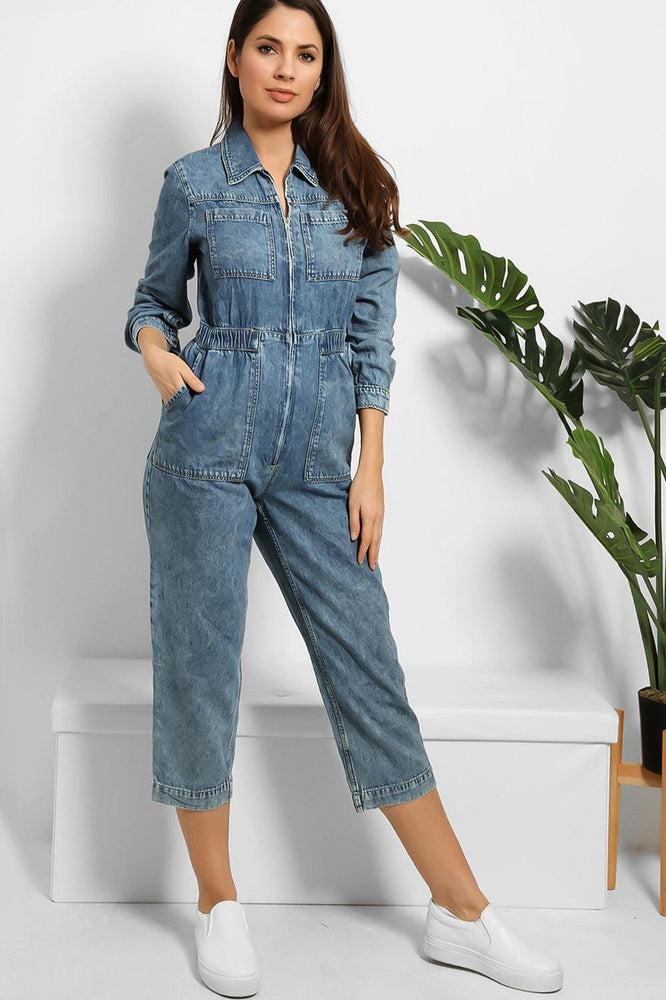 Cropped Leg Zipped Denim Jumpsuit-SinglePrice