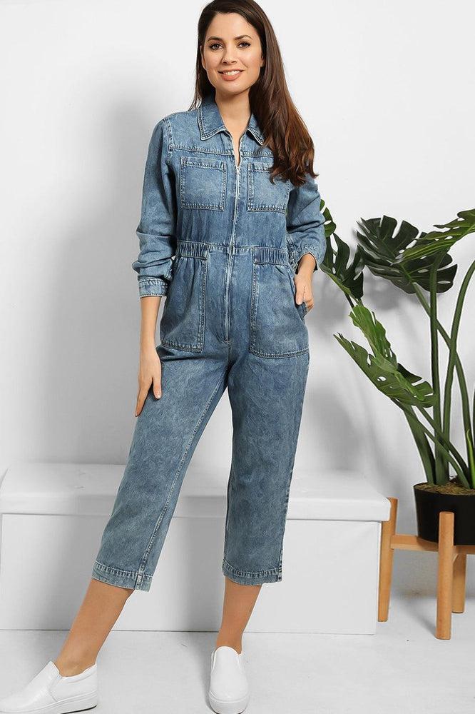 Cropped Leg Zipped Denim Jumpsuit-SinglePrice