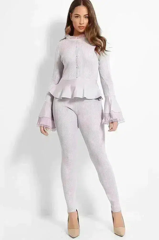Organza Neck Crystal Button Details Rib Knit Lounge Set-SinglePrice