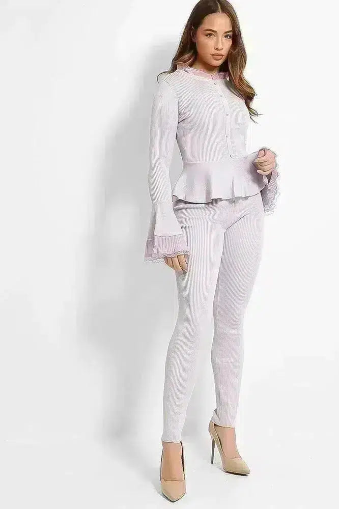 Organza Neck Crystal Button Details Rib Knit Lounge Set-SinglePrice