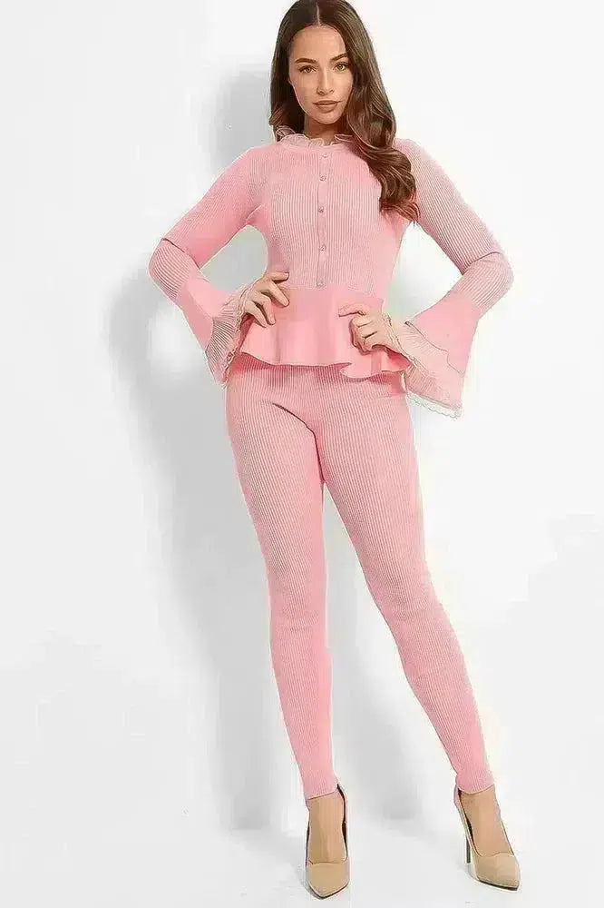 Organza Neck Crystal Button Details Rib Knit Lounge Set-SinglePrice