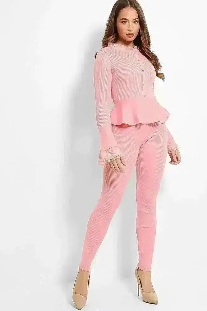 Organza Neck Crystal Button Details Rib Knit Lounge Set-SinglePrice
