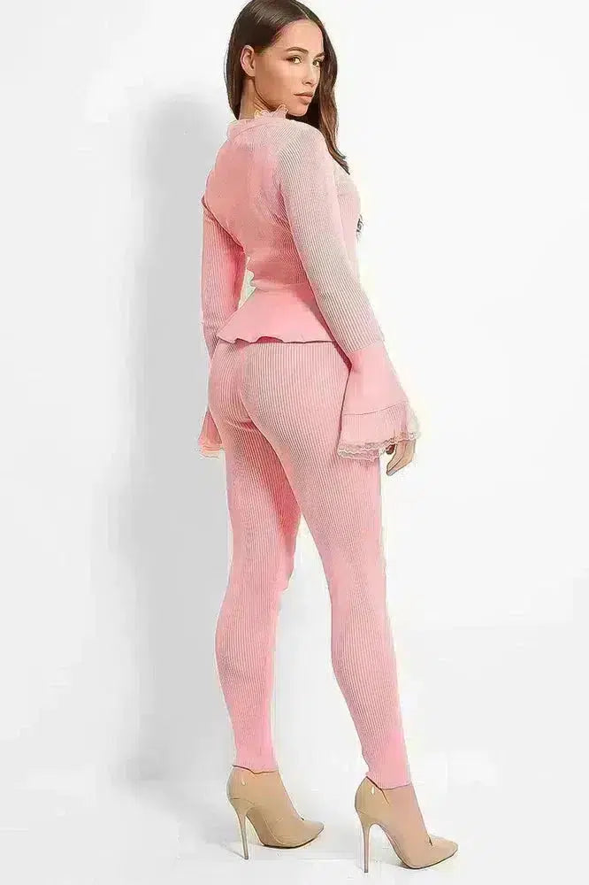 Organza Neck Crystal Button Details Rib Knit Lounge Set-SinglePrice