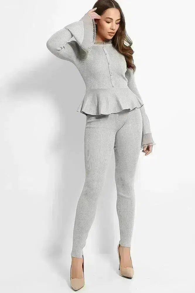 Organza Neck Crystal Button Details Rib Knit Lounge Set-SinglePrice