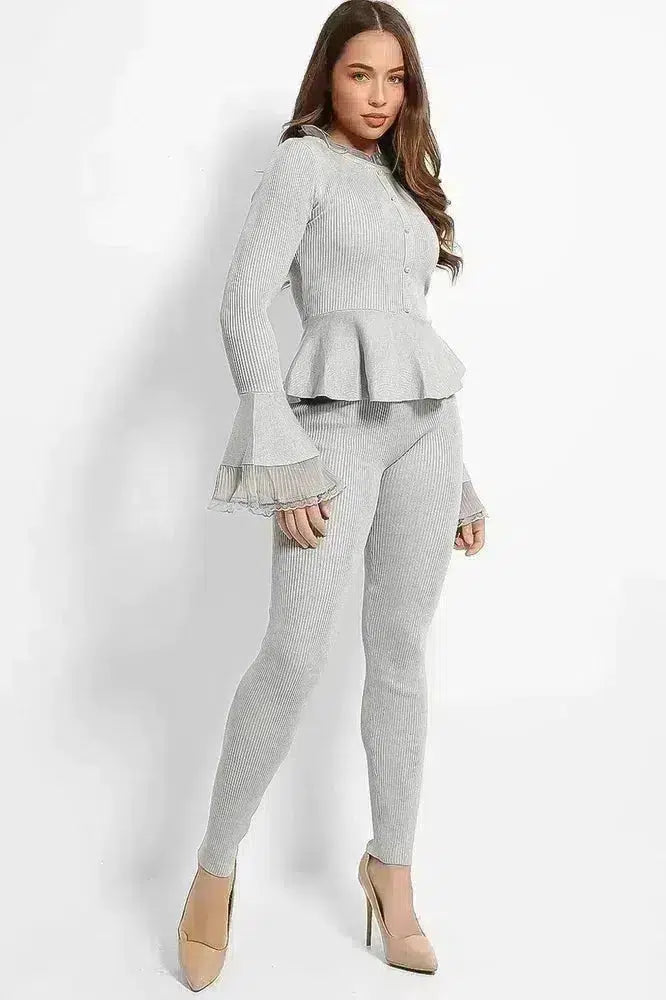 Organza Neck Crystal Button Details Rib Knit Lounge Set-SinglePrice