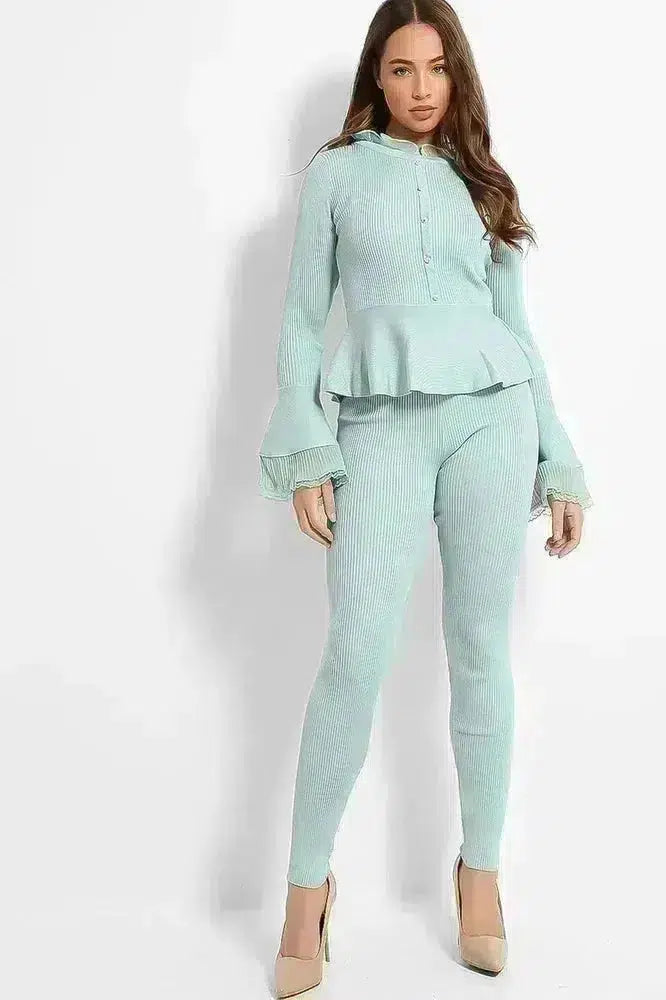 Organza Neck Crystal Button Details Rib Knit Lounge Set-SinglePrice