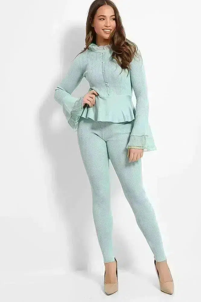 Organza Neck Crystal Button Details Rib Knit Lounge Set-SinglePrice
