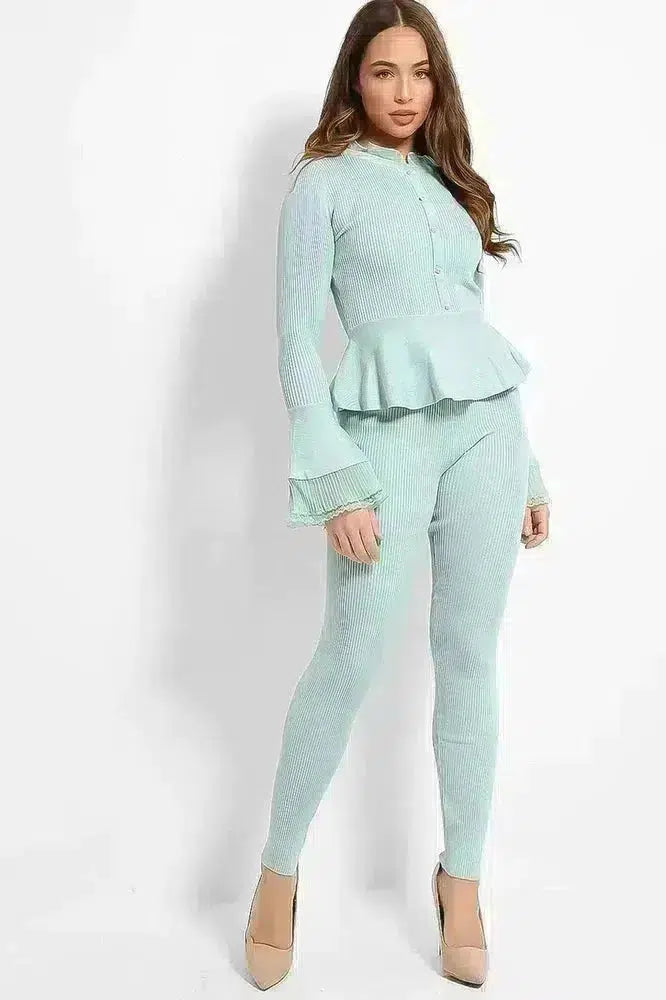 Organza Neck Crystal Button Details Rib Knit Lounge Set-SinglePrice