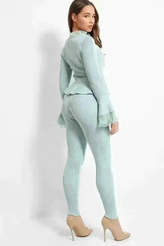 Organza Neck Crystal Button Details Rib Knit Lounge Set-SinglePrice