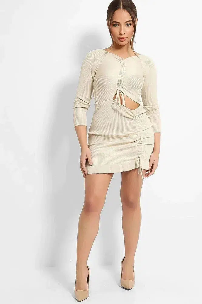 Beige Ribbed Knit Asymmetric Drawstring Details Dress-SinglePrice