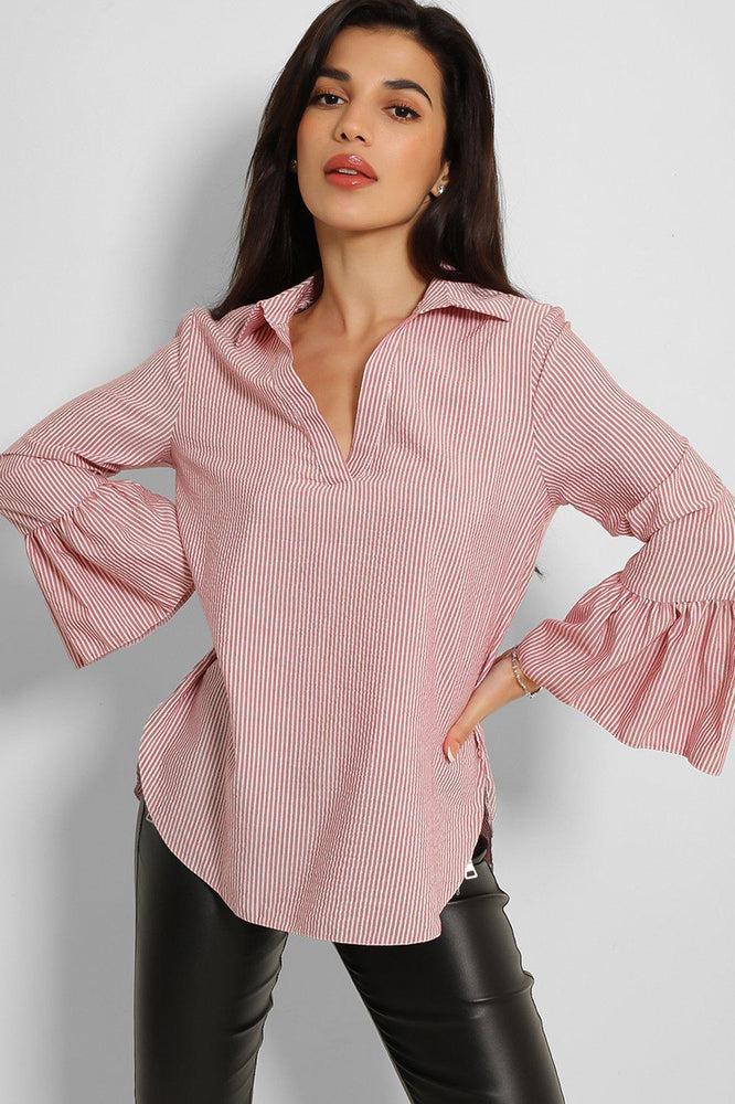 Pink Lurex Pinstripe Flute Sleeve Blouse-SinglePrice