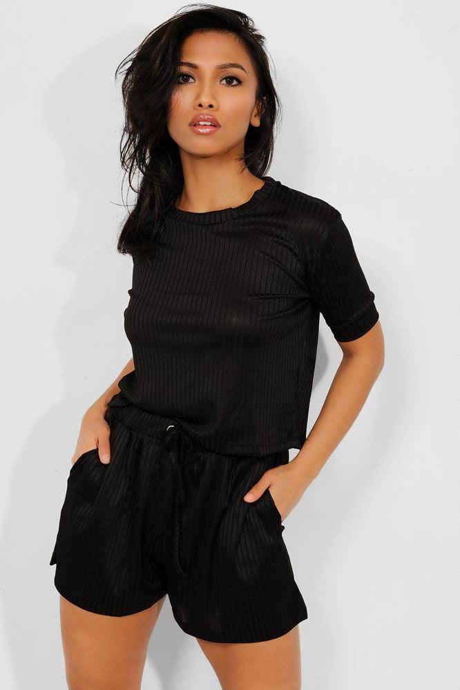 Black Ribbed Shorts And Tee Set-SinglePrice