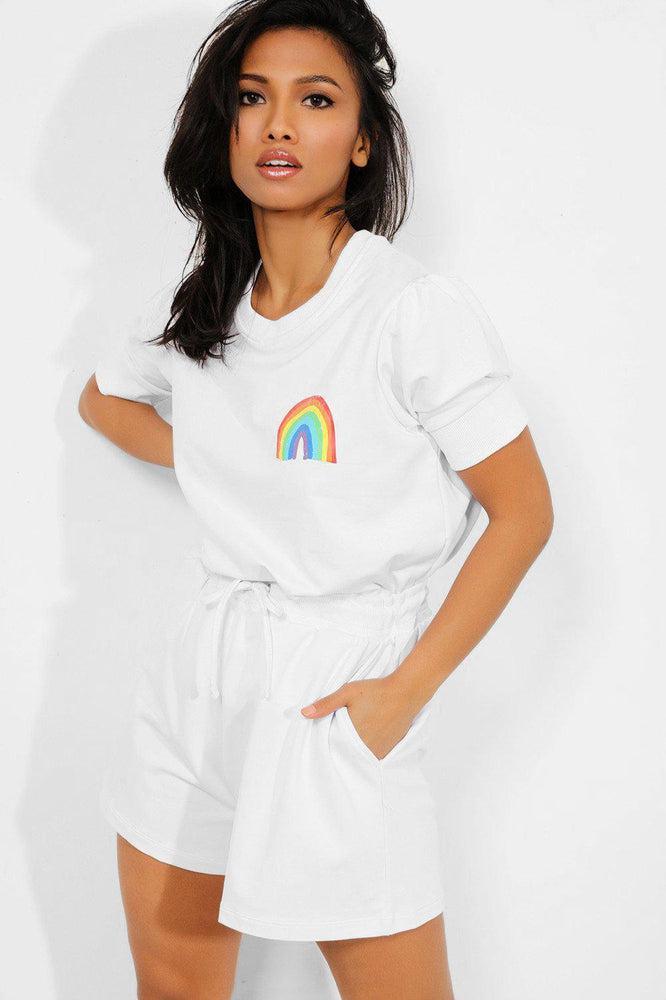 White Rainbow Print T-Shirt And Shorts Set-SinglePrice