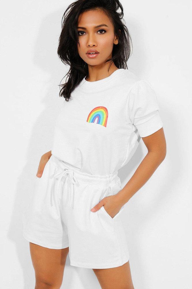 White Rainbow Print T-Shirt And Shorts Set-SinglePrice