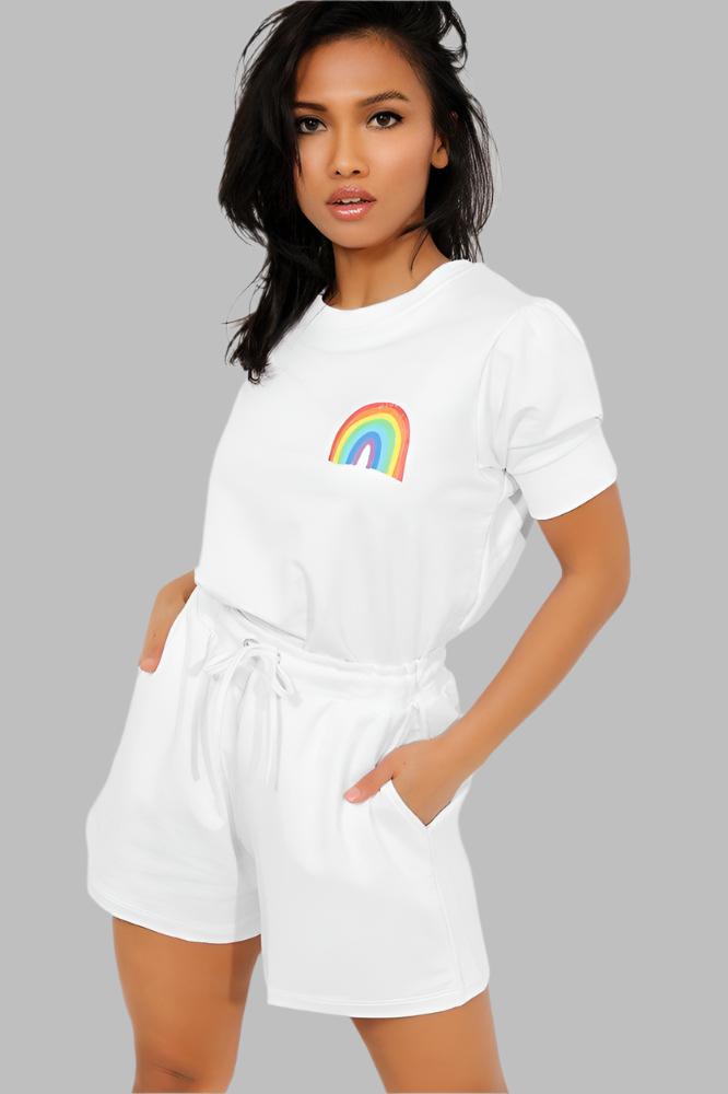 White Rainbow Print T-Shirt And Shorts Set-SinglePrice