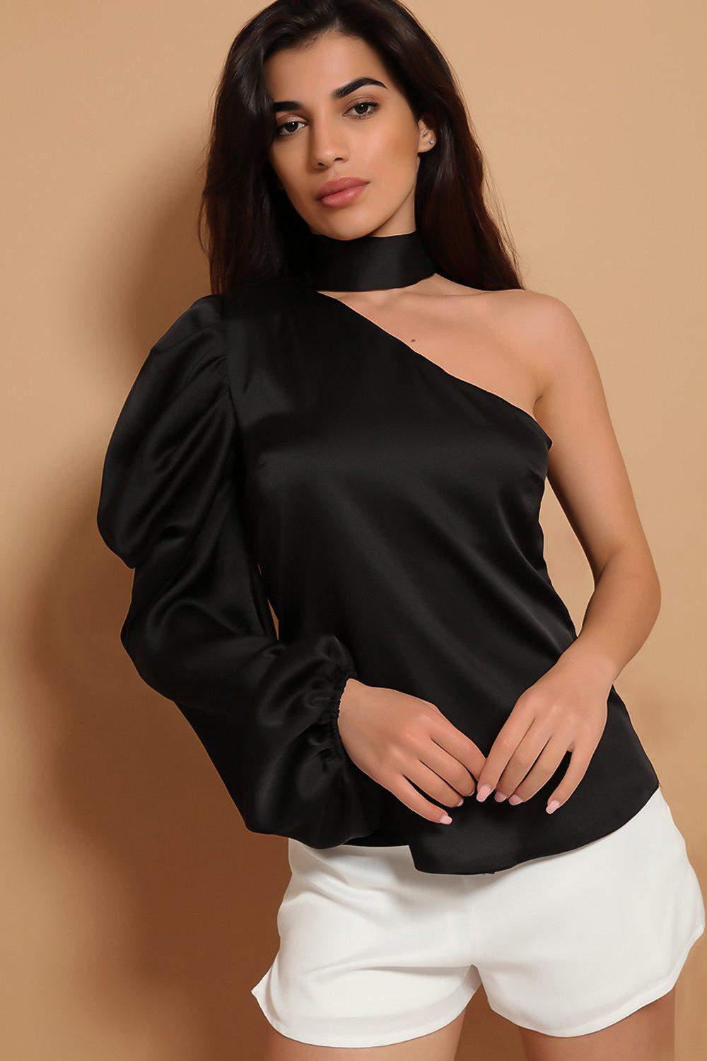 Black One Sleeve Choker Neck Satin Blouse-SinglePrice