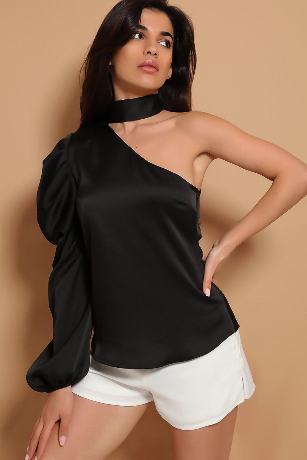 Black One Sleeve Choker Neck Satin Blouse-SinglePrice