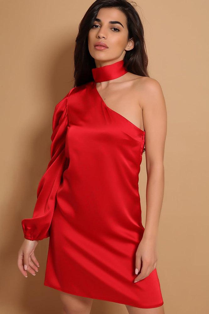 Red One Sleeve Chocker Neck Satin Dress-SinglePrice