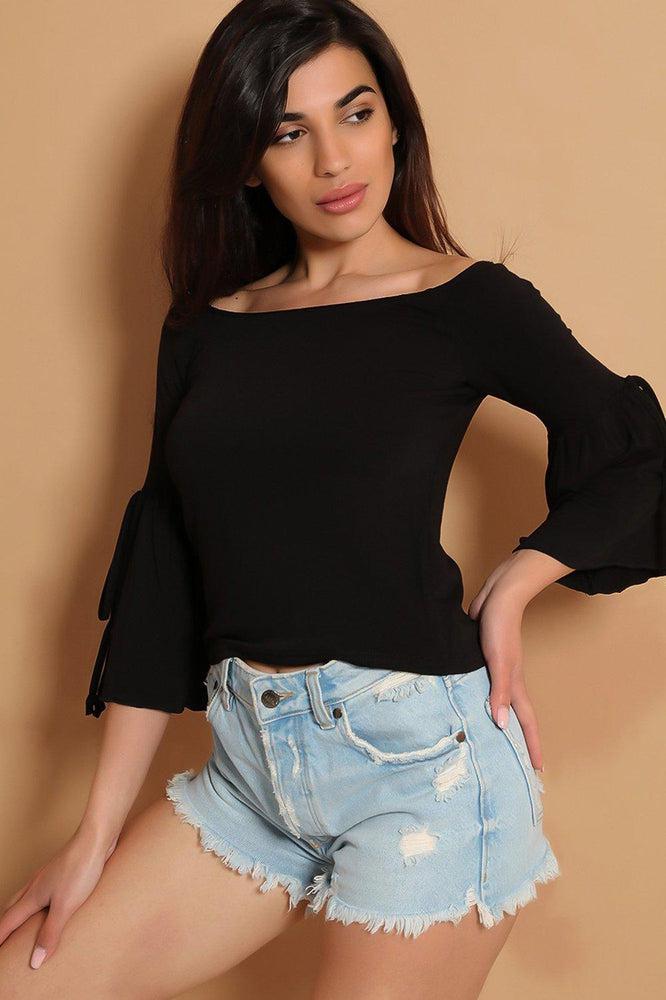 Black Tie Detail Bell Sleeves Top-SinglePrice