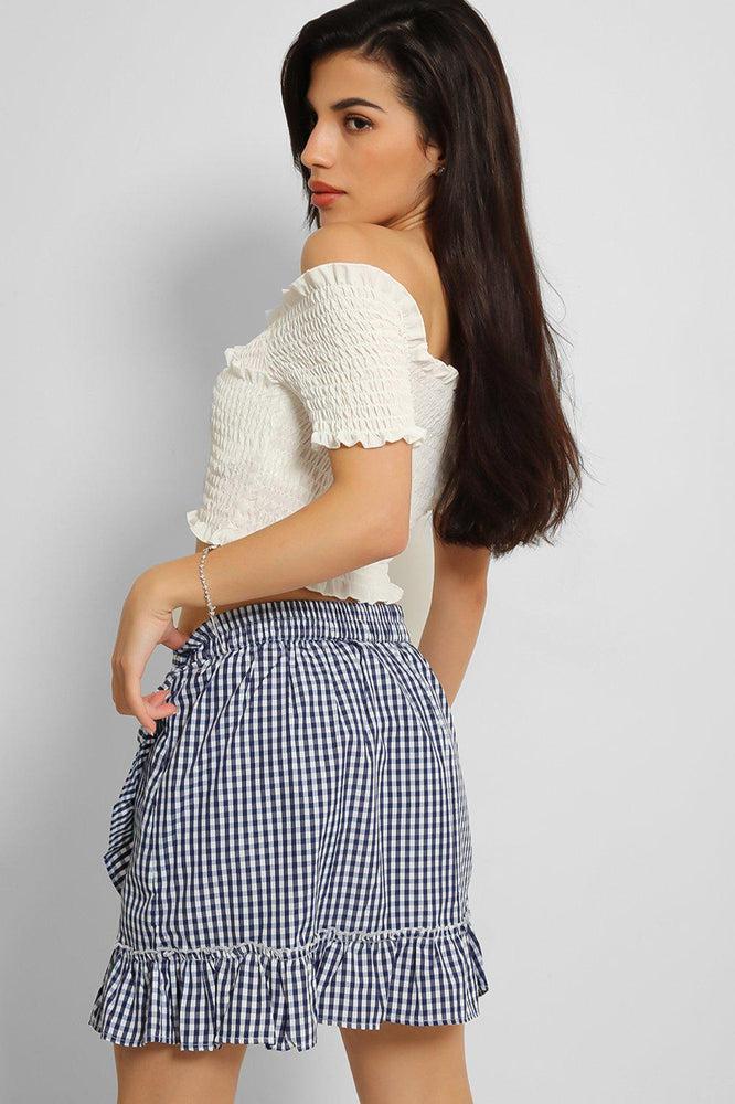 Navy White Check Print Ruffle Hem Wrap Skirt-SinglePrice
