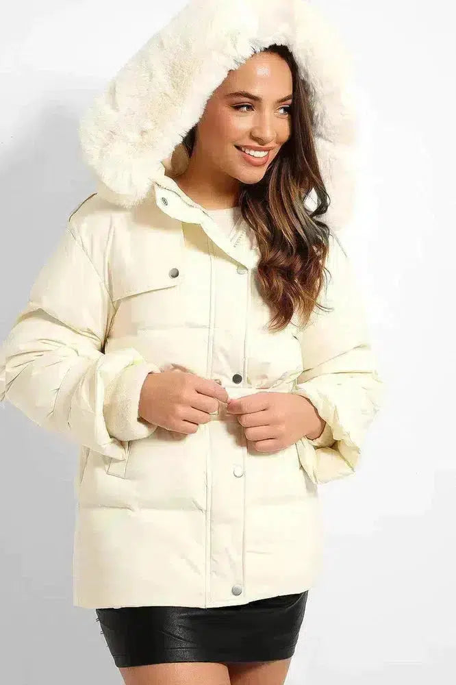 Cream Self-Tie Faux Fur Hood Puffer Jacket-SinglePrice