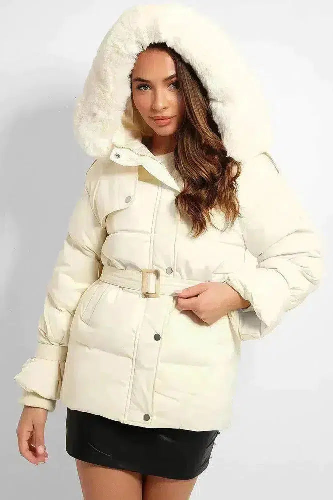 Cream Self-Tie Faux Fur Hood Puffer Jacket-SinglePrice