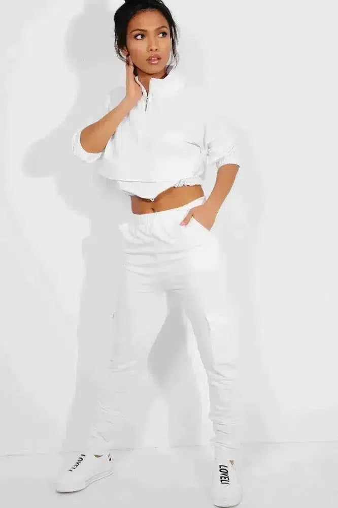White Drawstring Top Cargo Two Piece Tracksuit-SinglePrice