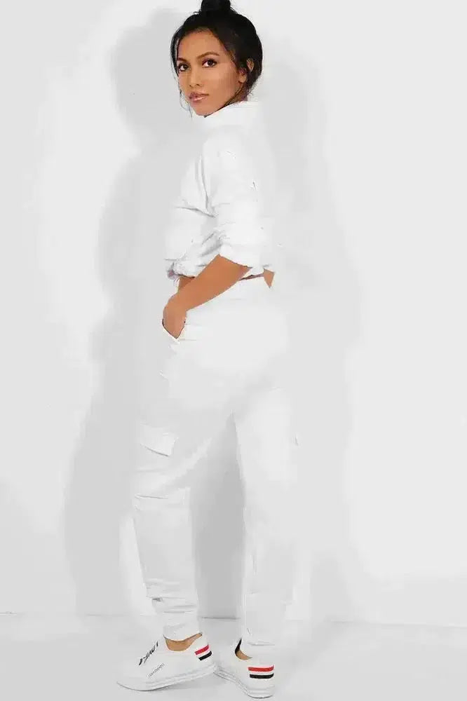 White Drawstring Top Cargo Two Piece Tracksuit-SinglePrice