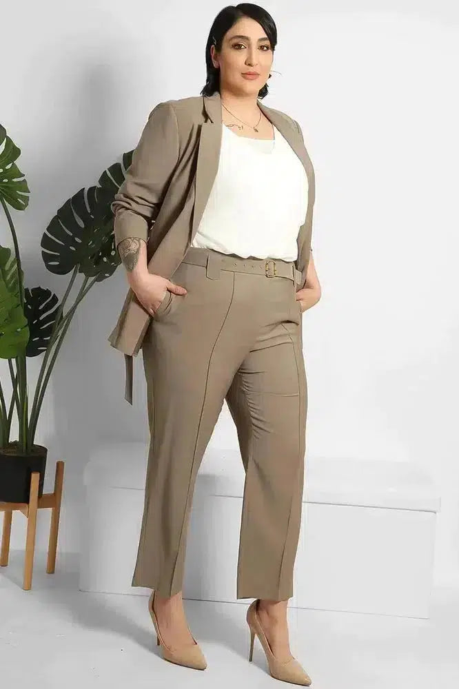 Cropped Trousers And Fitted Belted Blazer Suit-SinglePrice