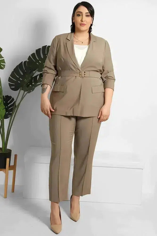 Cropped Trousers And Fitted Belted Blazer Suit-SinglePrice