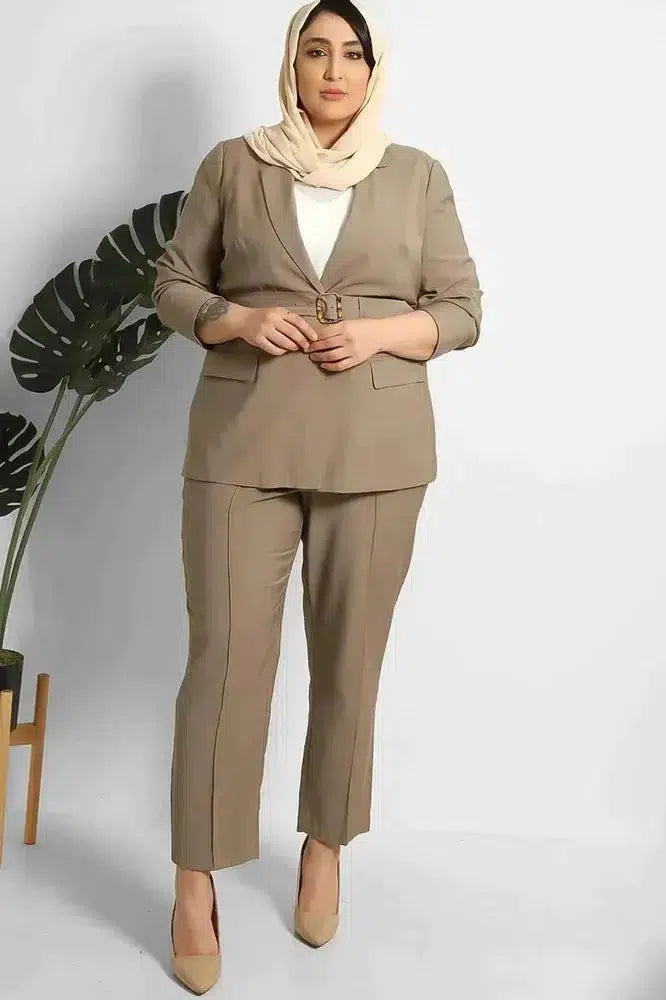 Cropped Trousers And Fitted Belted Blazer Suit-SinglePrice