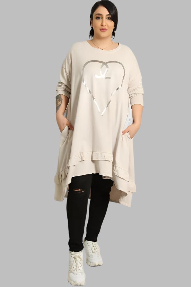 Silver Heart Print Frilled Hem 100% Cotton Tunic-SinglePrice