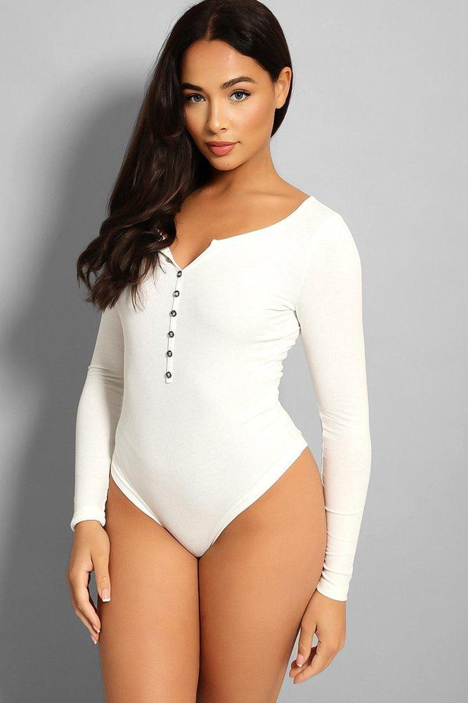 White Faux Button Detail Ribbed Bodysuit-SinglePrice