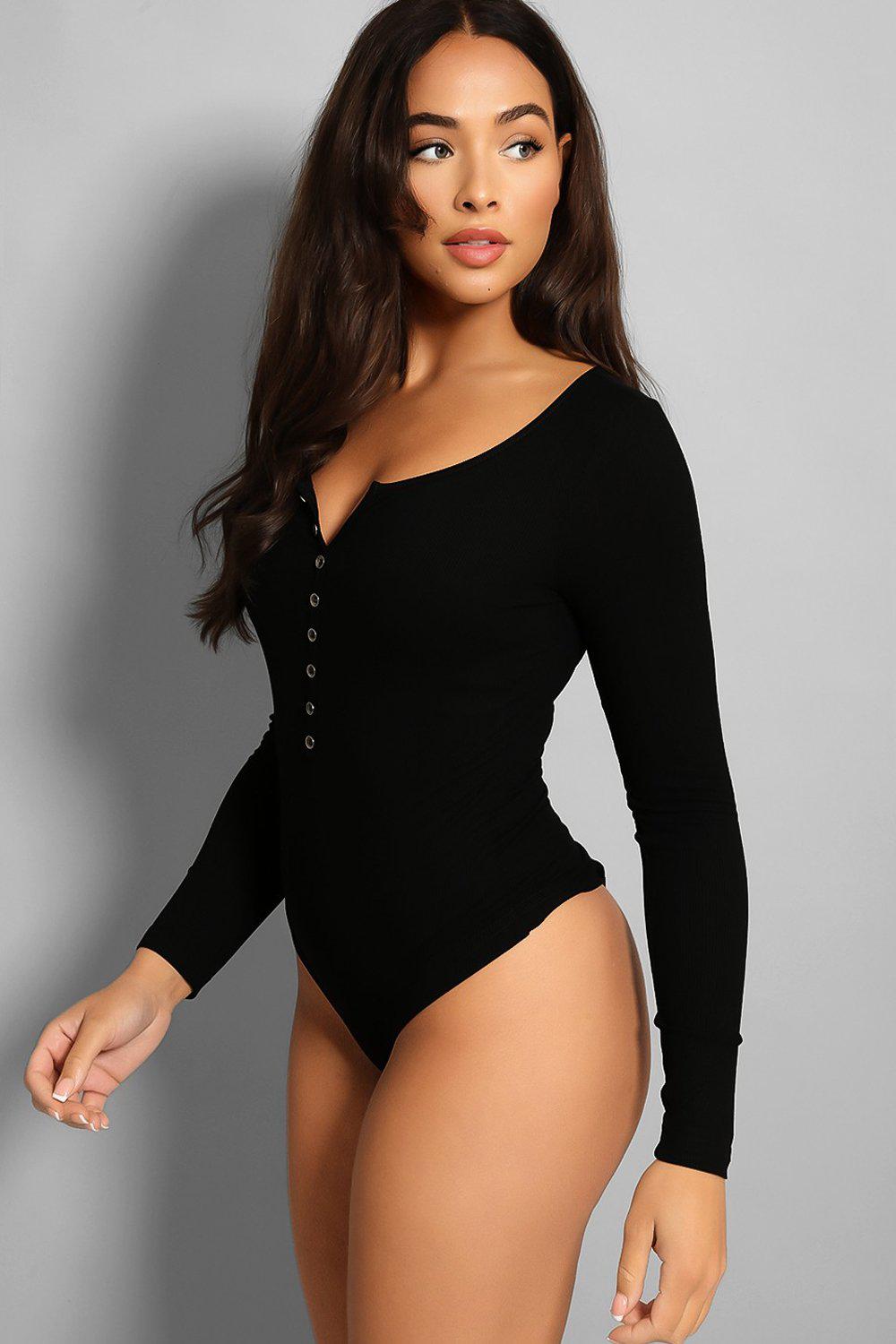 Black Faux Button Detail Ribbed Bodysuit-SinglePrice