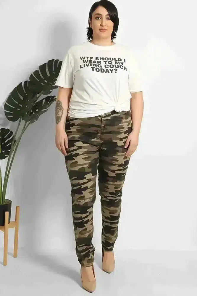 Camouflage Slash Knee Plain Front High Waist Jeans-SinglePrice
