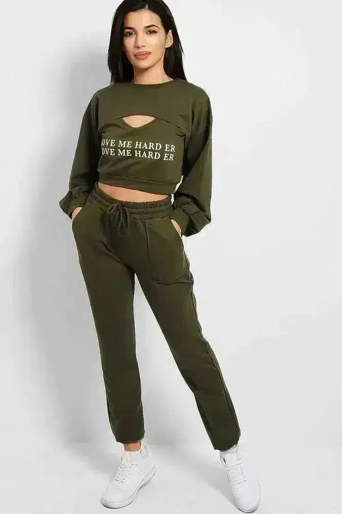 Khaki Love Me Harder Crop Top 3 Piece Tracksuit-SinglePrice