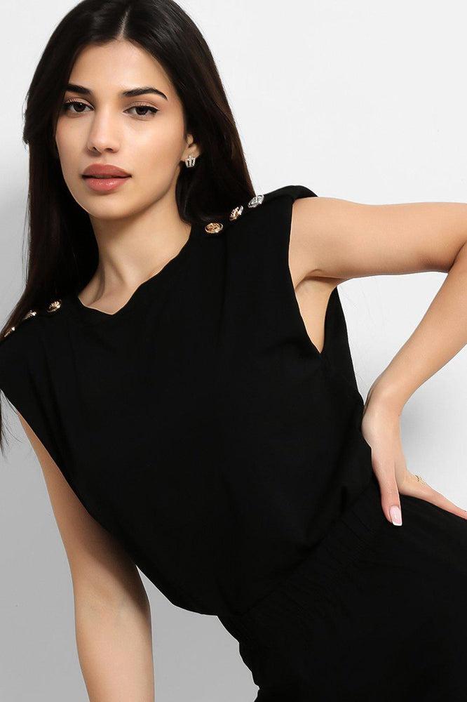 Black Buttoned Power Shoulder Top And Cycling Shorts Set-SinglePrice