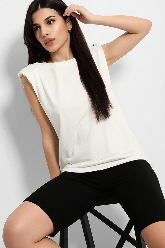 White Black Buttoned Power Shoulder Top And Cycling Shorts Set-SinglePrice