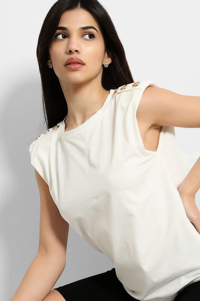 White Black Buttoned Power Shoulder Top And Cycling Shorts Set-SinglePrice