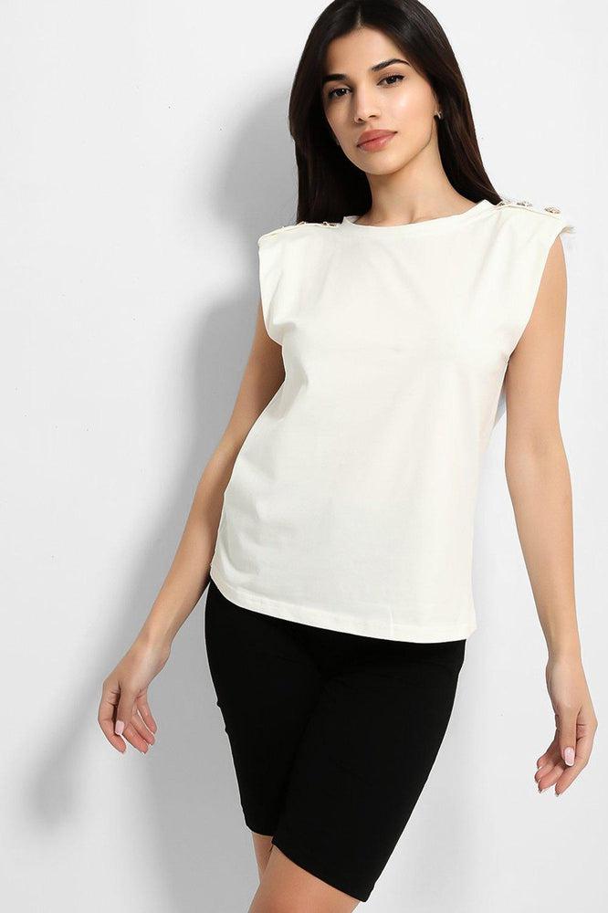 White Black Buttoned Power Shoulder Top And Cycling Shorts Set-SinglePrice