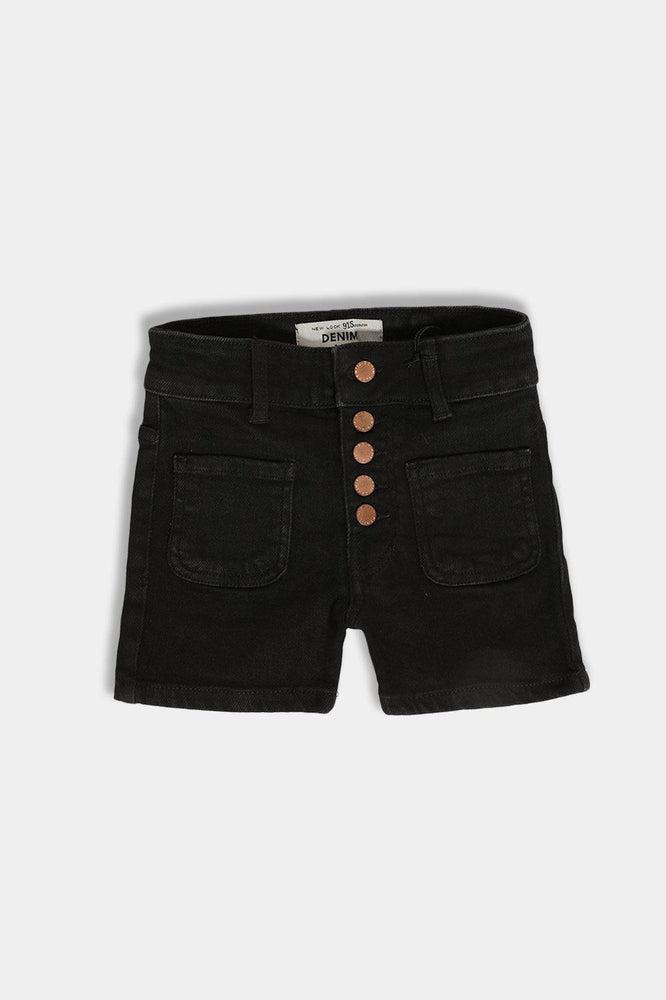 Copper Buttons Front Black Denim Shorts-SinglePrice