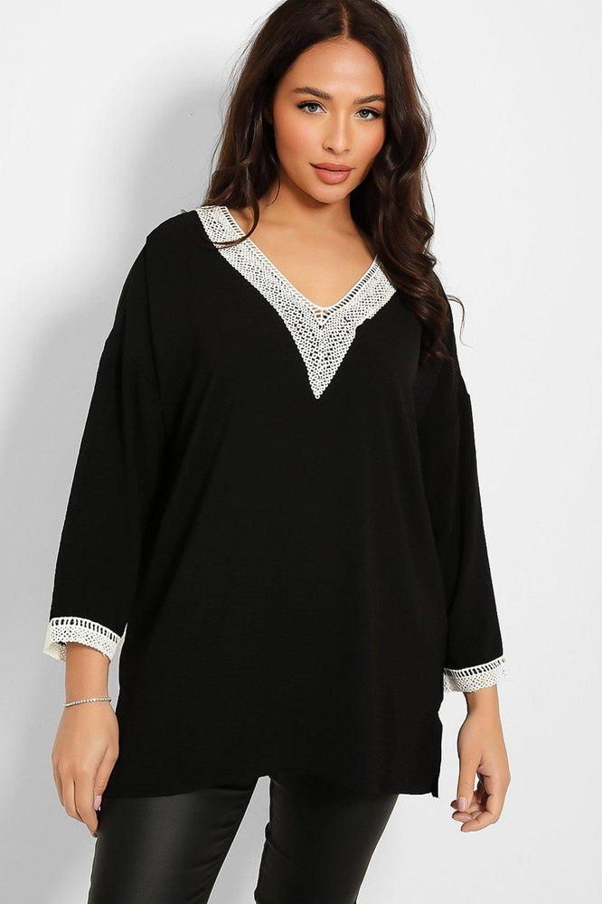 Crochet Lace V-Neck Detail Lazy Fit Blouse-SinglePrice