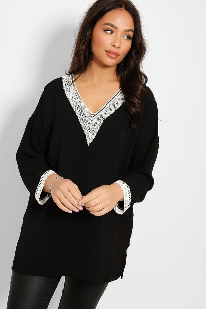 Crochet Lace V-Neck Detail Lazy Fit Blouse-SinglePrice