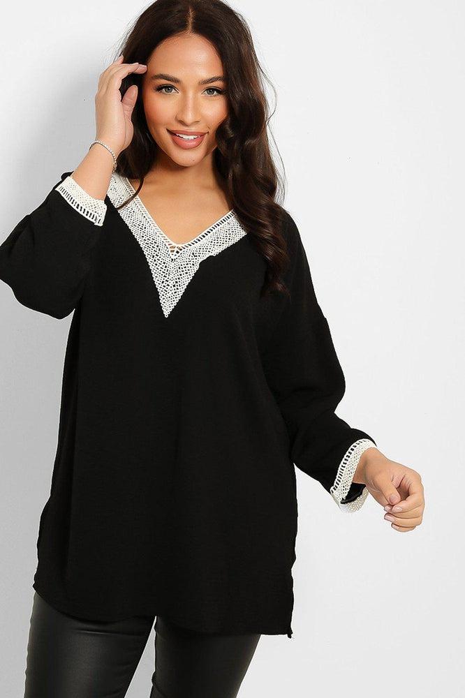 Crochet Lace V-Neck Detail Lazy Fit Blouse-SinglePrice