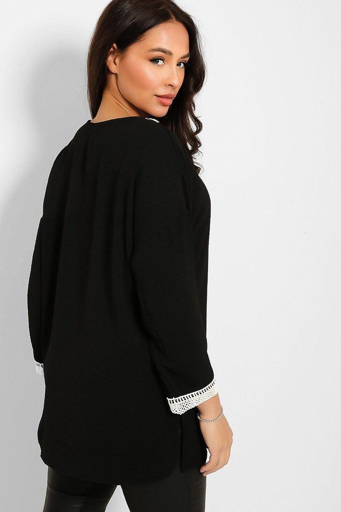 Crochet Lace V-Neck Detail Lazy Fit Blouse-SinglePrice