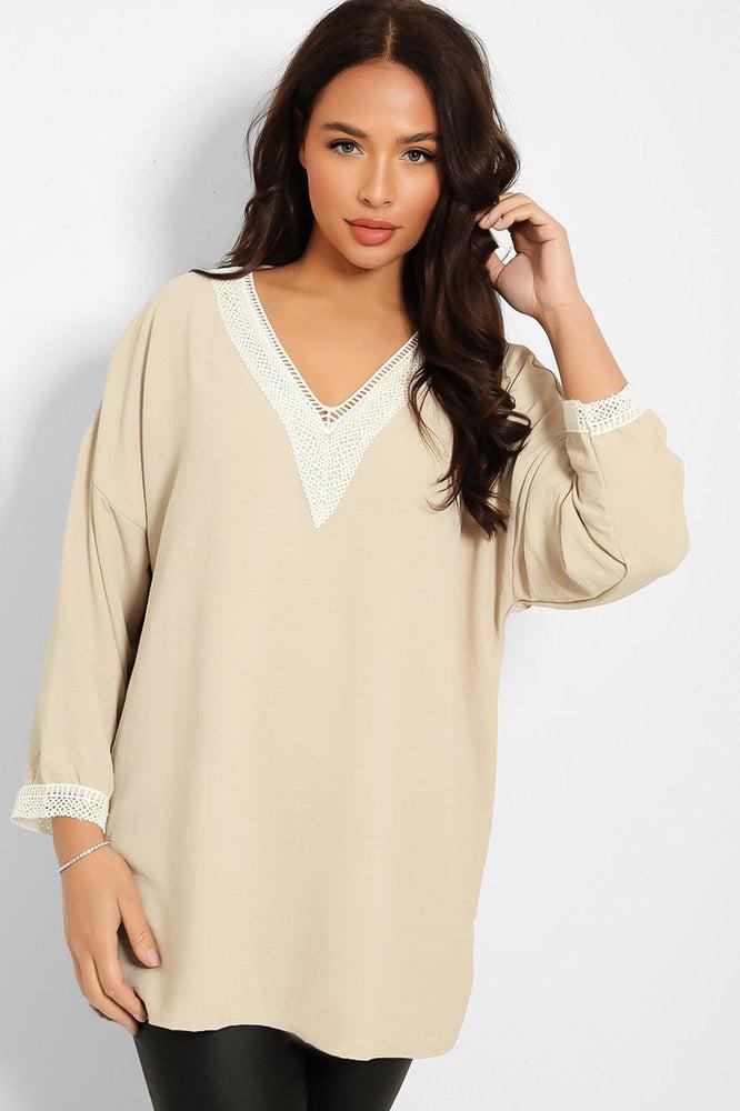 Crochet Lace V-Neck Detail Lazy Fit Blouse-SinglePrice