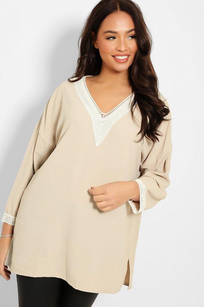 Crochet Lace V-Neck Detail Lazy Fit Blouse-SinglePrice