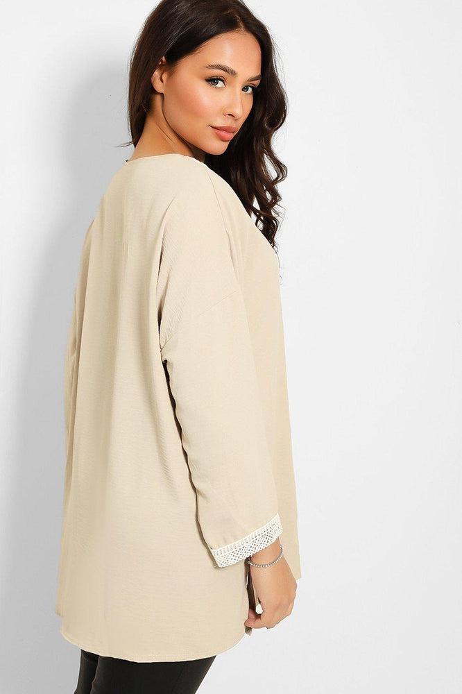 Crochet Lace V-Neck Detail Lazy Fit Blouse-SinglePrice